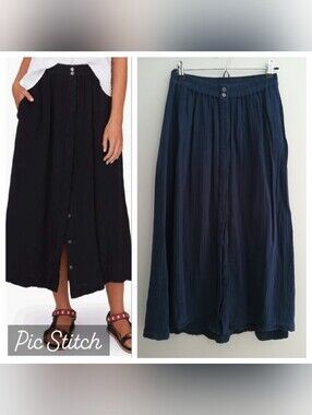 Xirena Serina Slub Cotton Midi Skirt Button Front Navy Blue Small